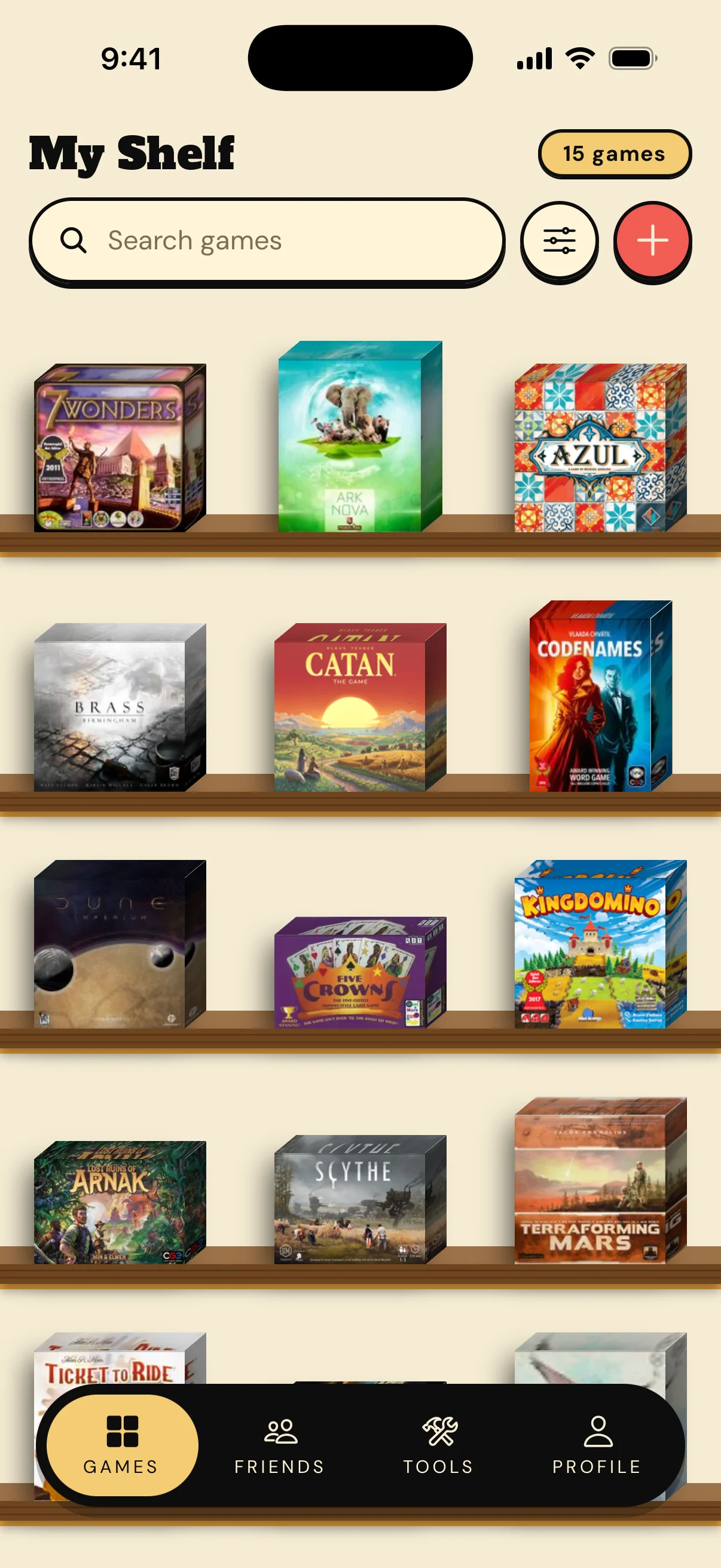 Your shelf in meepz, with your games lined up on wooden shelves